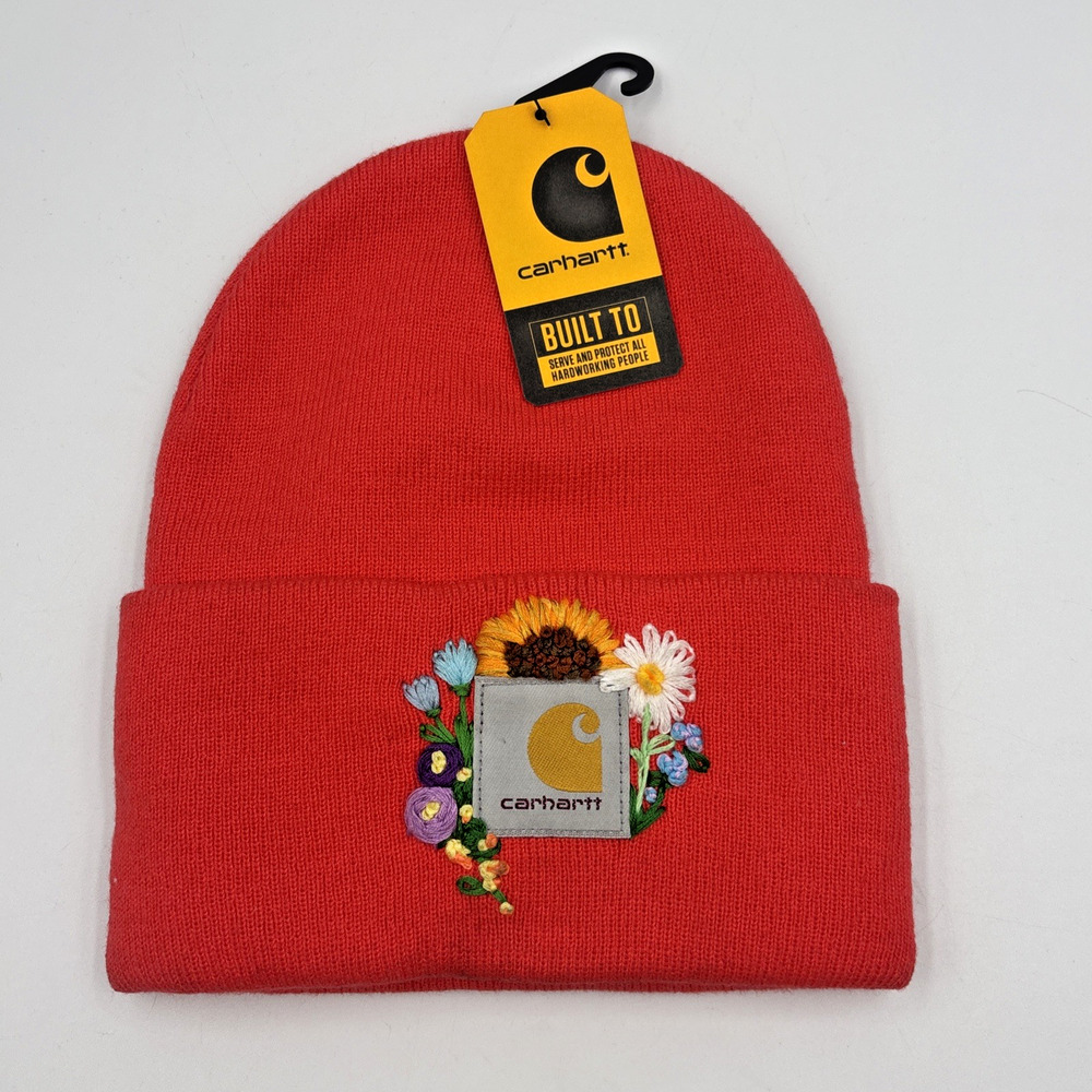 Carhartt Red Floral Embroidered Knit Cuffed Beanie Women's One Size A18-R85